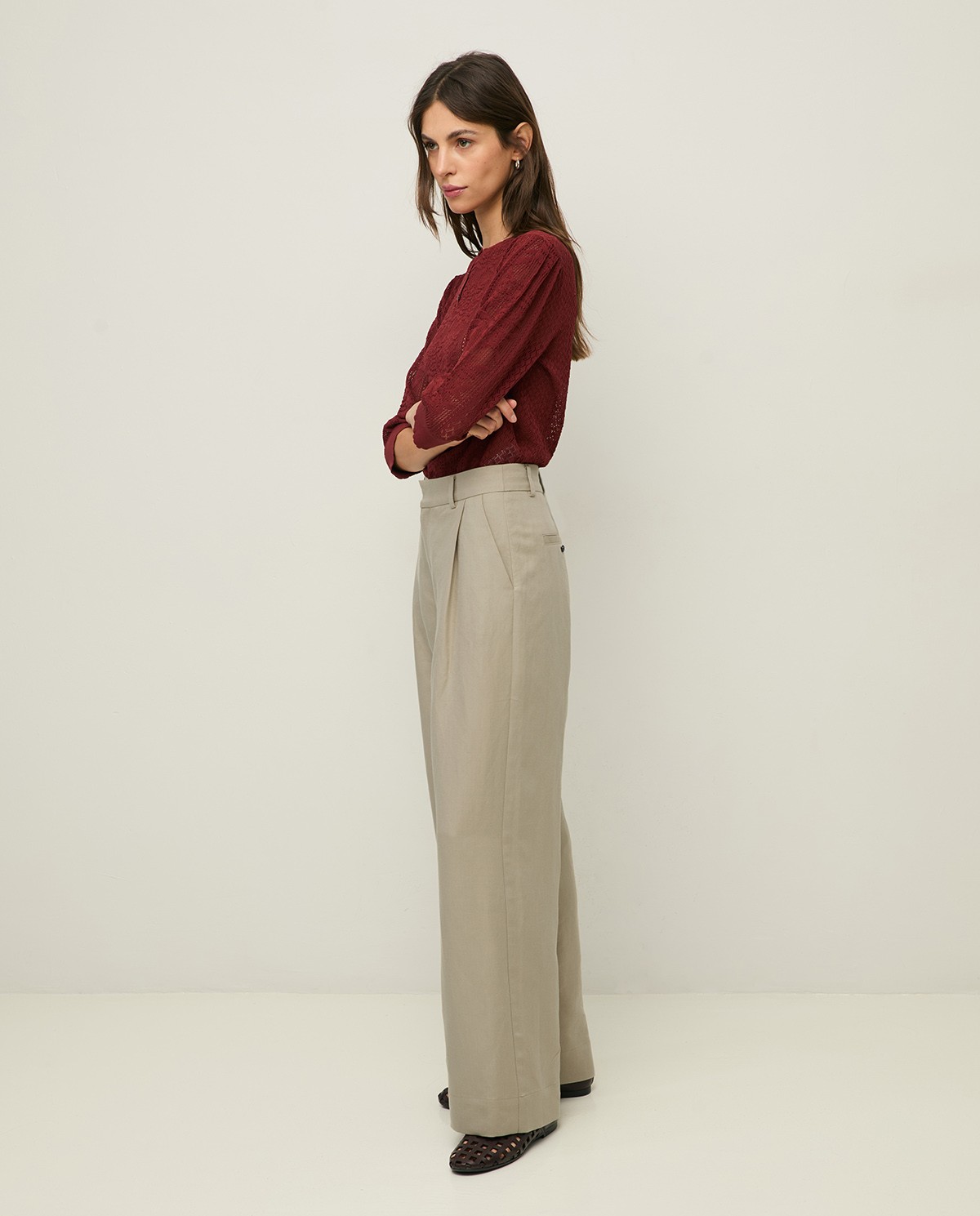 Wide-leg linen-blend tailored trousers|Yerse 4