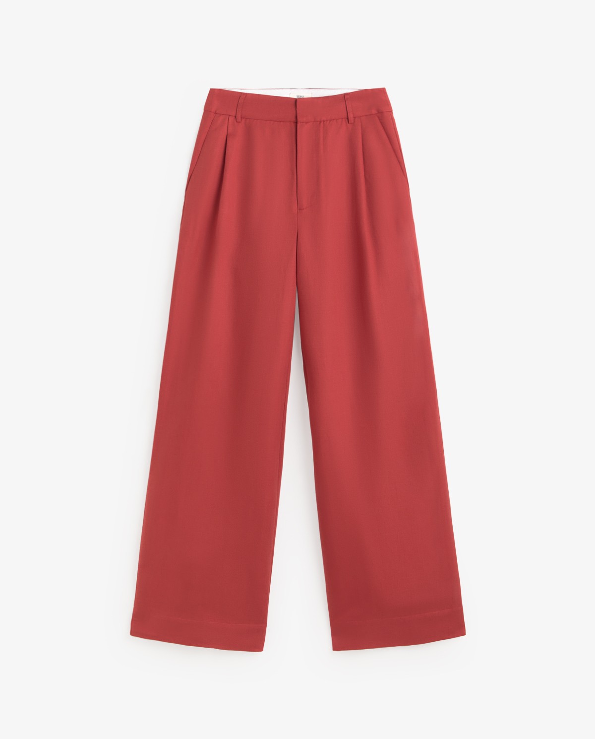 Pantalón sastrero wide leg mezcla lino en color burdeos, vista frontal con detalle del tejido 9