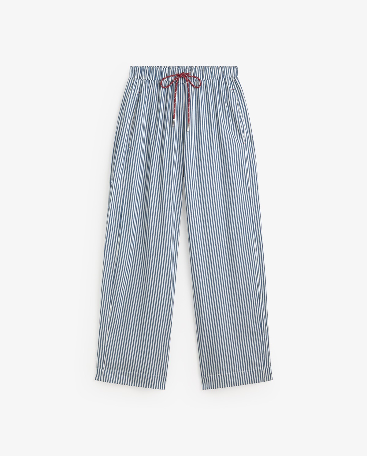 Pantalón rayas wide leg en color azul, vista frontal con detalle del tejido 8