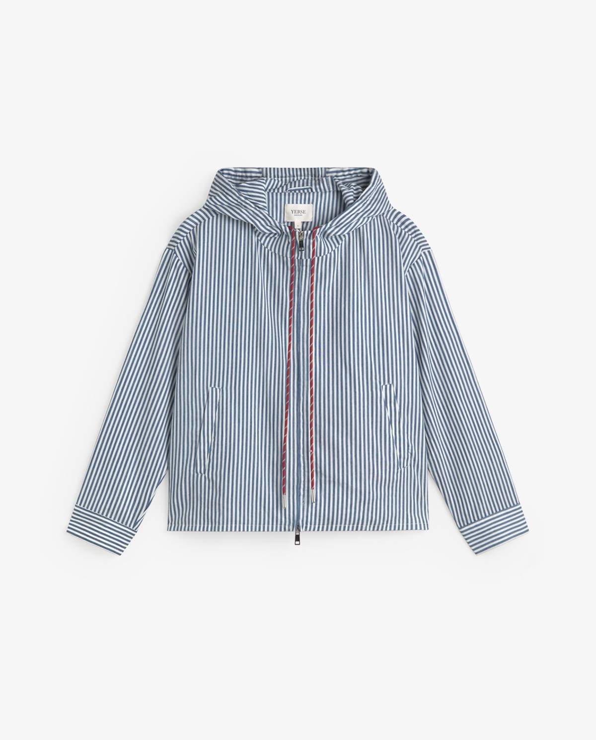 Chaqueta con capucha algodón rayas en color azul, vista frontal con detalle del tejido 7