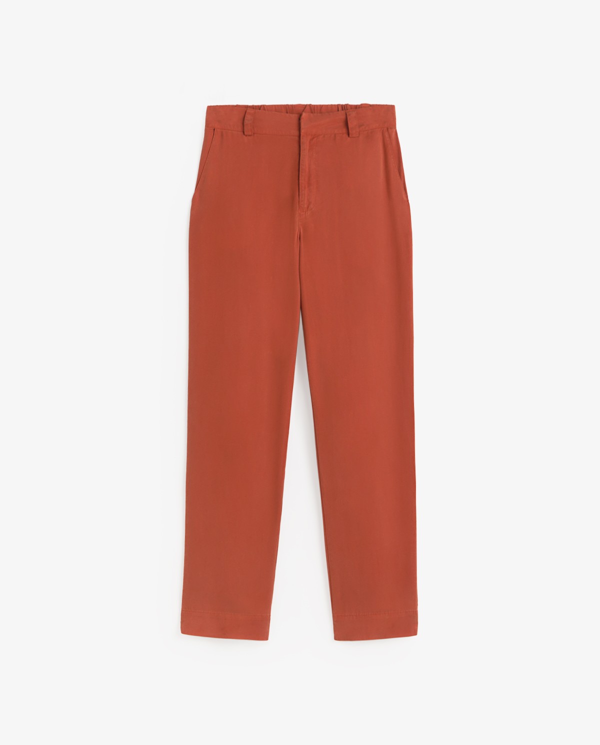 Pantalón recto tencel 100% en color burdeos, vista frontal con detalle del tejido 6