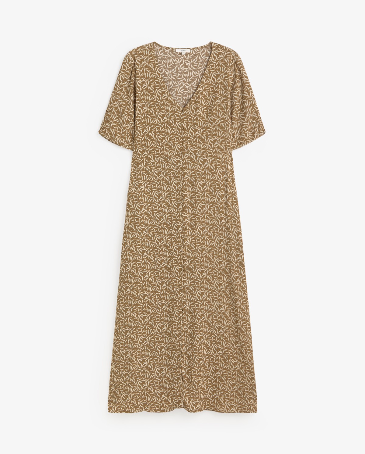 Vestido midi fluido flores en color caqui, vista frontal con detalle del tejido 6