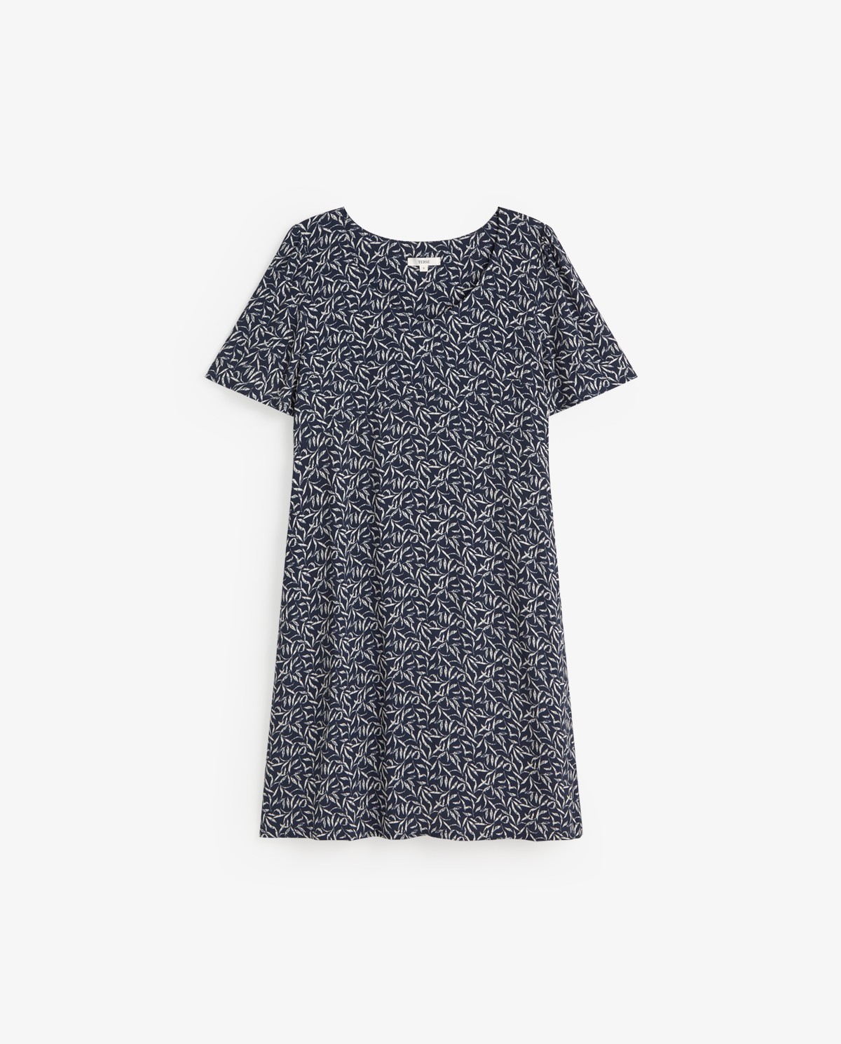 Vestido midi fluido flores en color azul oscuro, vista frontal con detalle del tejido 5