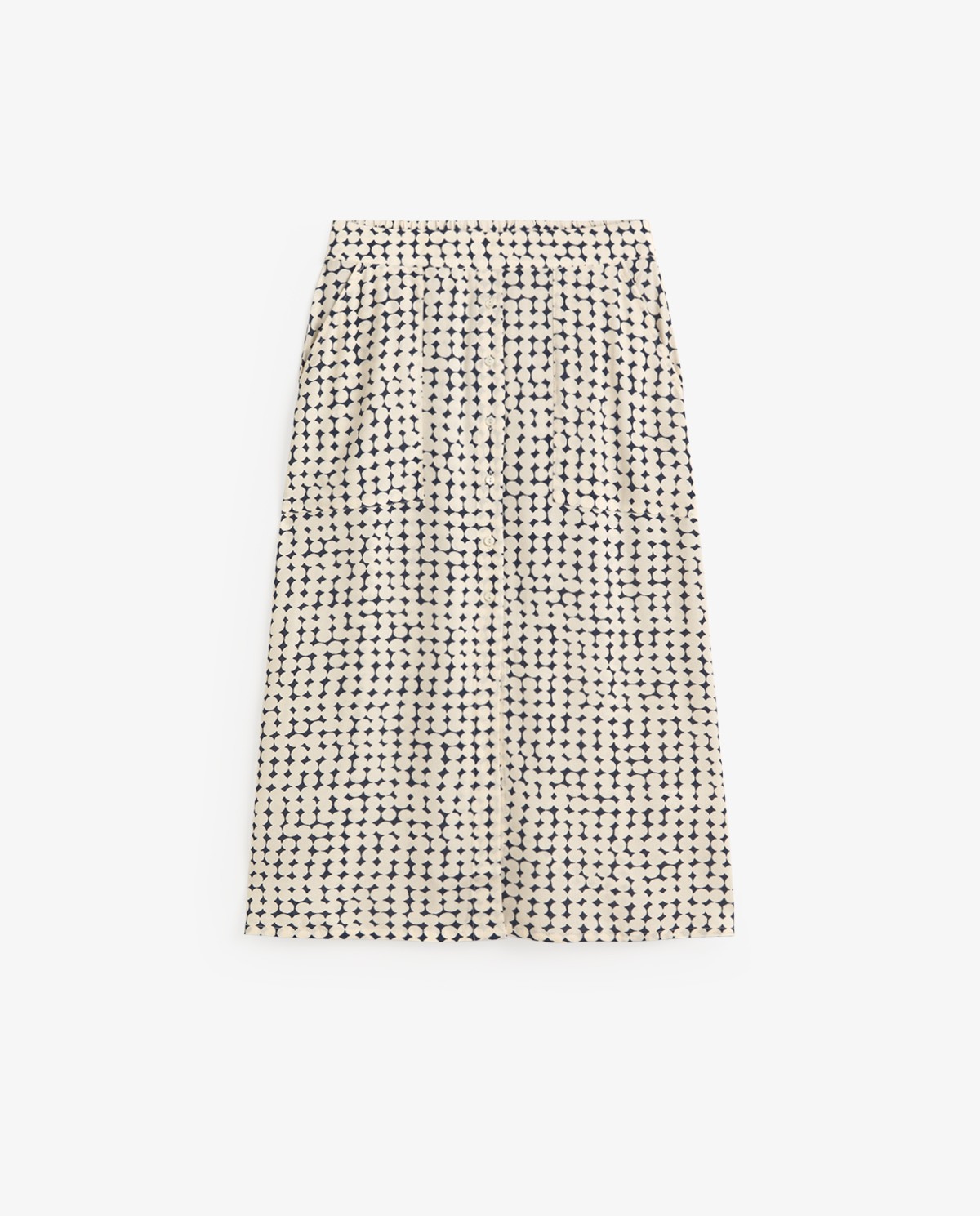 Falda midi estampado geométrico en color azul oscuro, vista frontal con detalle del tejido 6