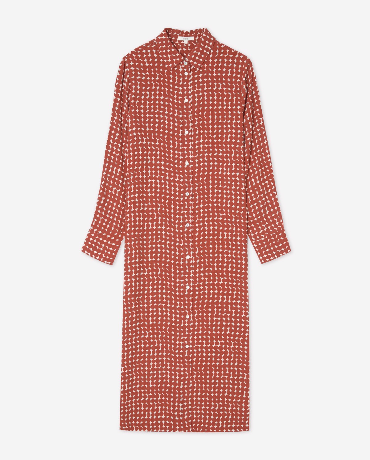 Vestido camisero estampado en color Rojo oscuro, vista frontal con detalle del tejido 8