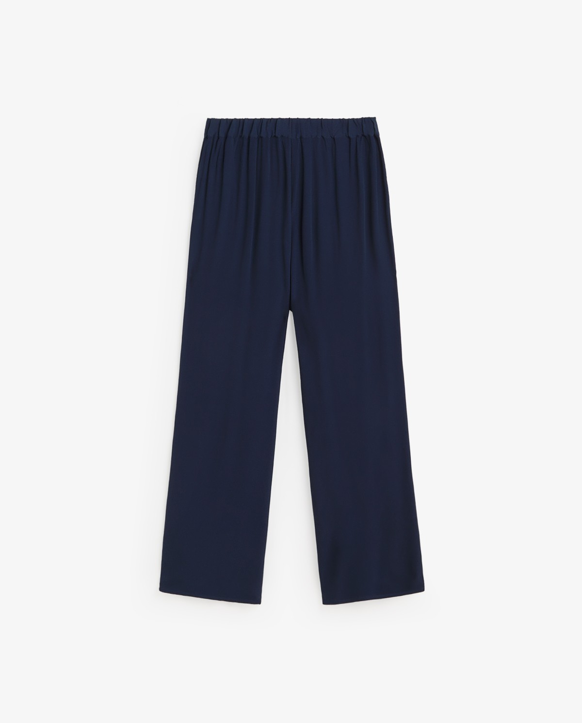 Pantalón fluido ancho en color azul oscuro, vista frontal con detalle del tejido 8