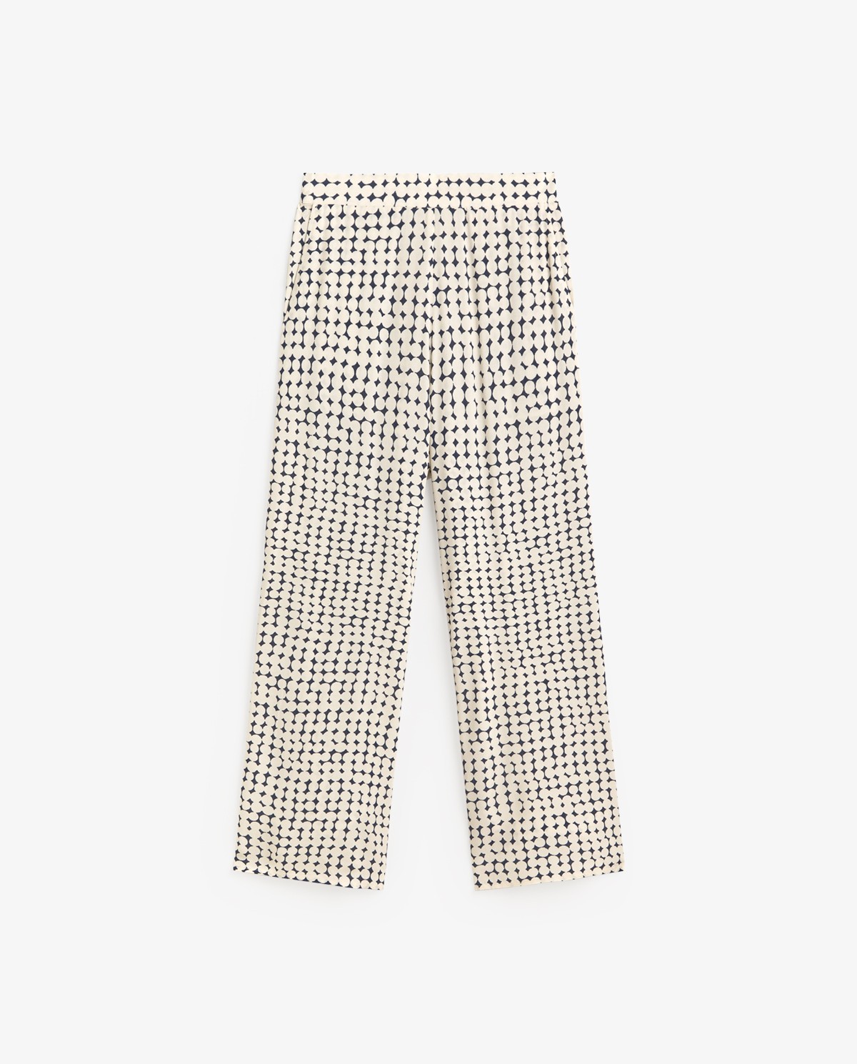 Pantalón fluido estampado en color azul oscuro, vista frontal con detalle del tejido 6