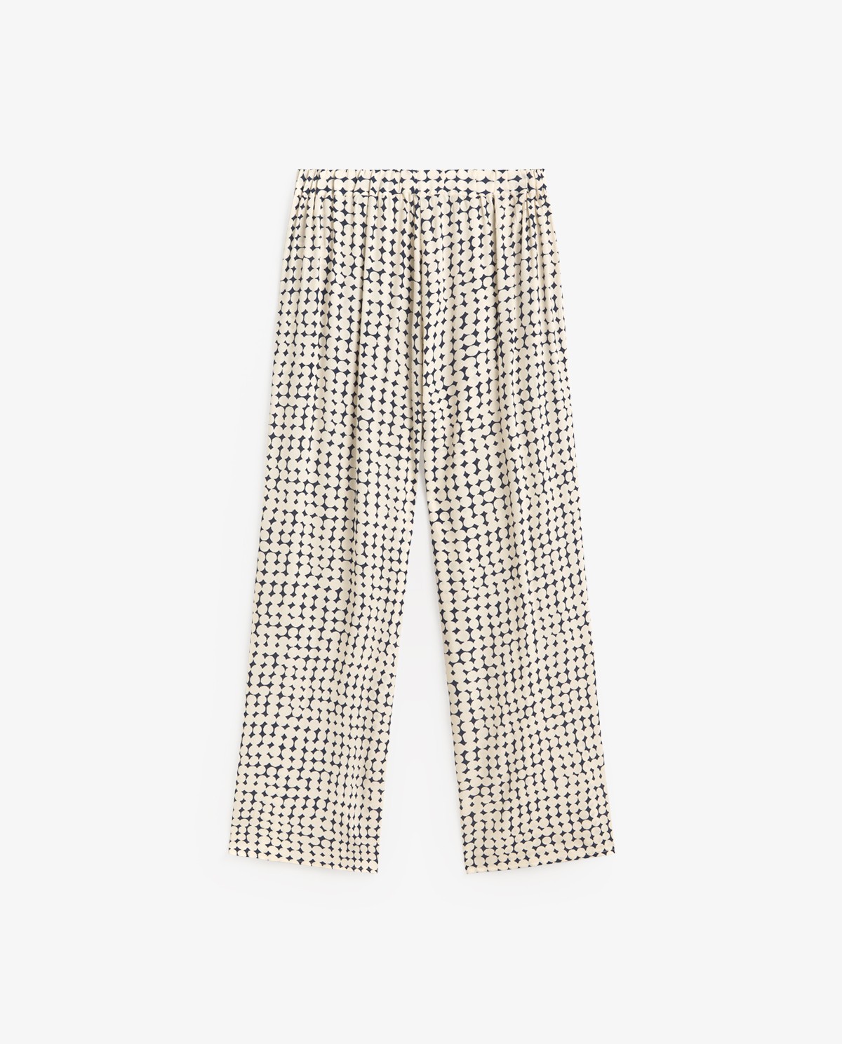 Pantalón fluido estampado en color azul oscuro, vista frontal con detalle del tejido 8