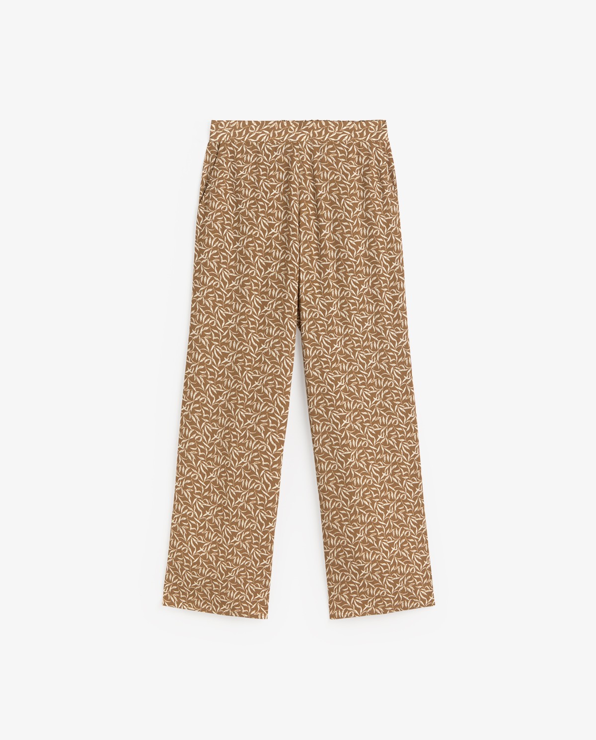 Pantalón fluido estampado en color caqui, vista frontal con detalle del tejido 5