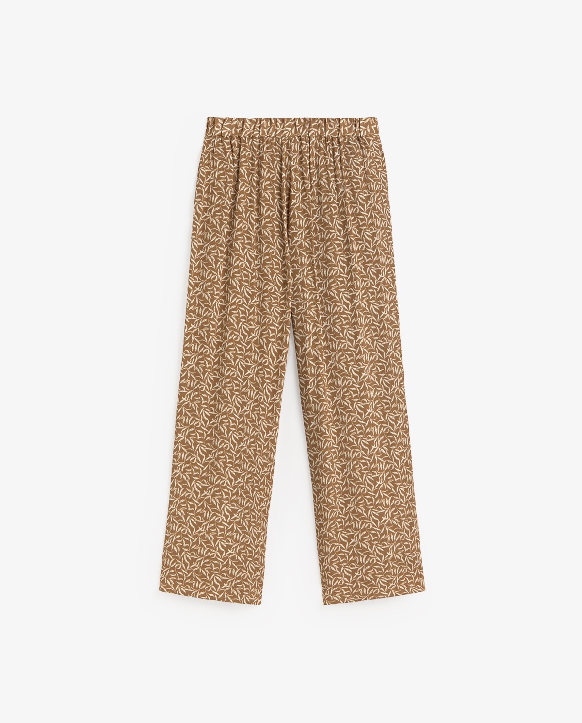 Pantalón fluido estampado en color caqui, vista frontal con detalle del tejido 7