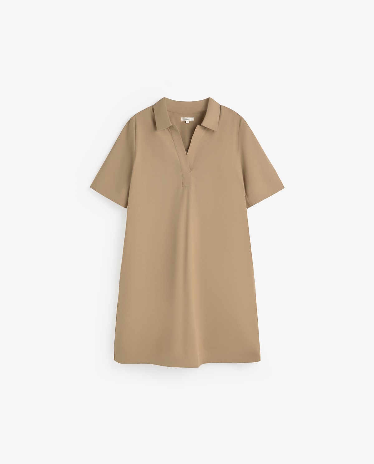 Vestido corto camisero popelín de algodón en color caqui, vista frontal con detalle del tejido 5