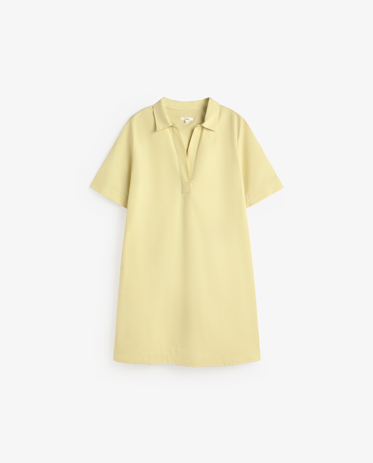 Vestido corto camisero popelín de algodón en color amarillo, vista frontal con detalle del tejido 6