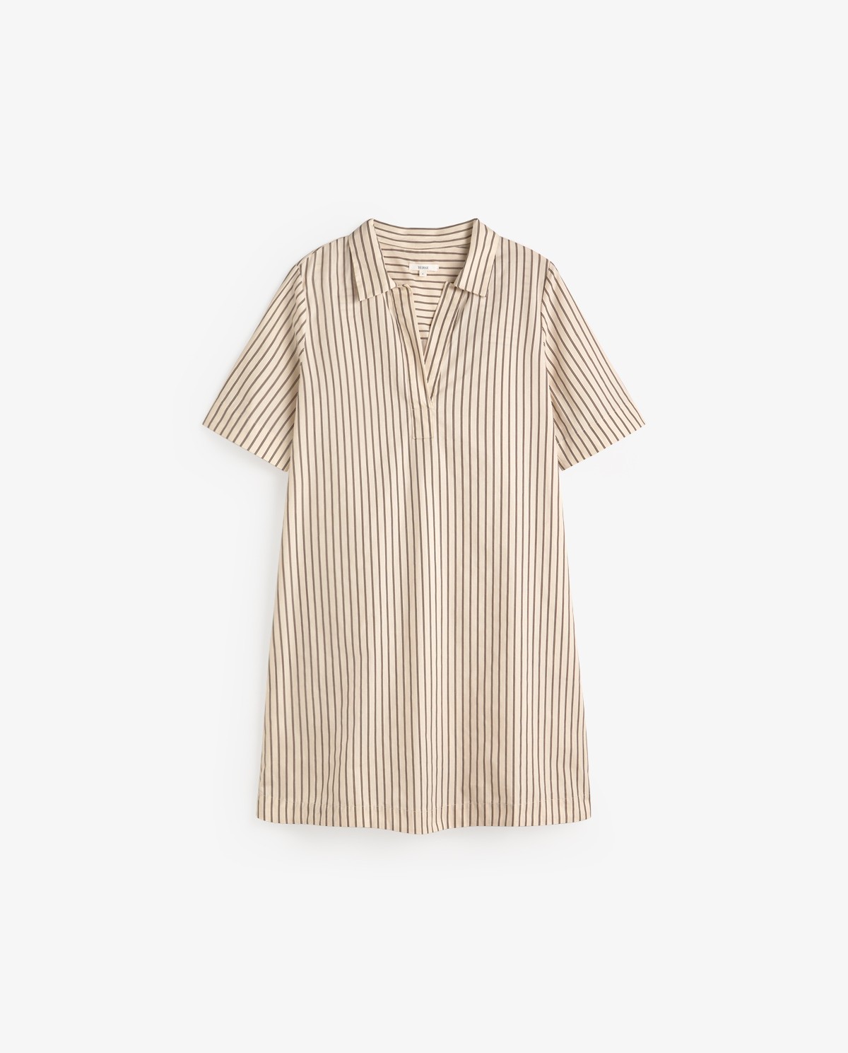 Vestido corto camisero popelín rayas en color crudo, vista frontal con detalle del tejido 5