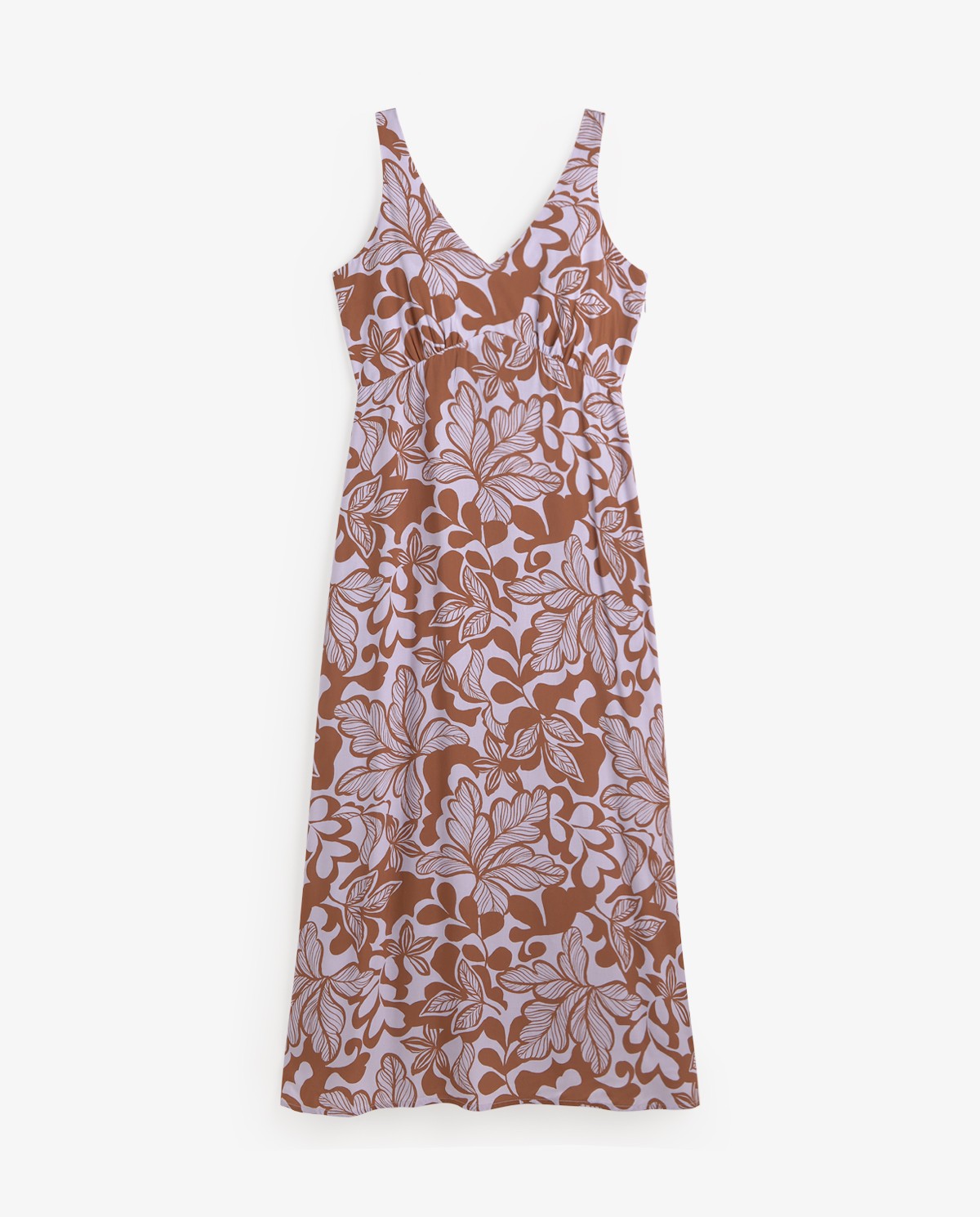 Vestido largo sin mangas estampado en color malva, vista frontal con detalle del tejido 5