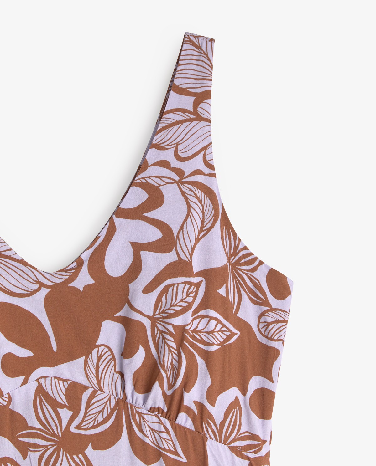 Vestido largo sin mangas estampado en color malva, vista frontal con detalle del tejido 6