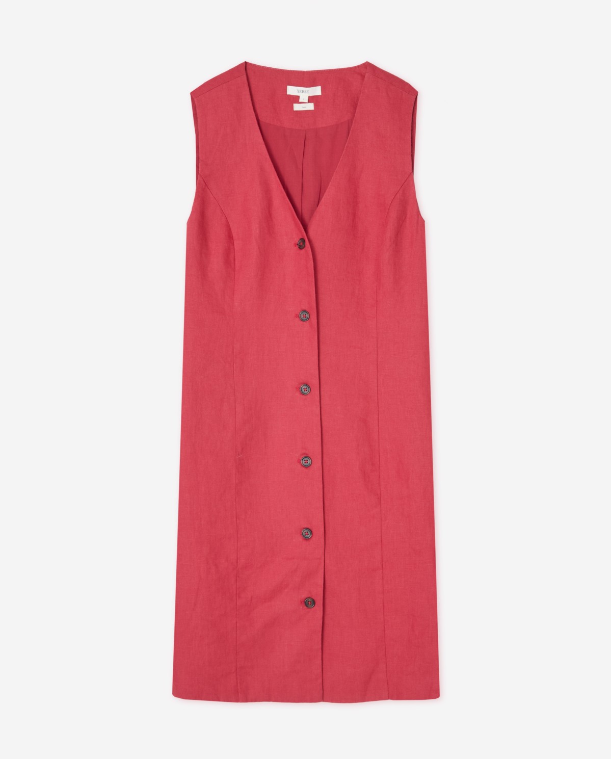 Vestido lino sin mangas midi en color frambuesa, vista frontal con detalle del tejido 6