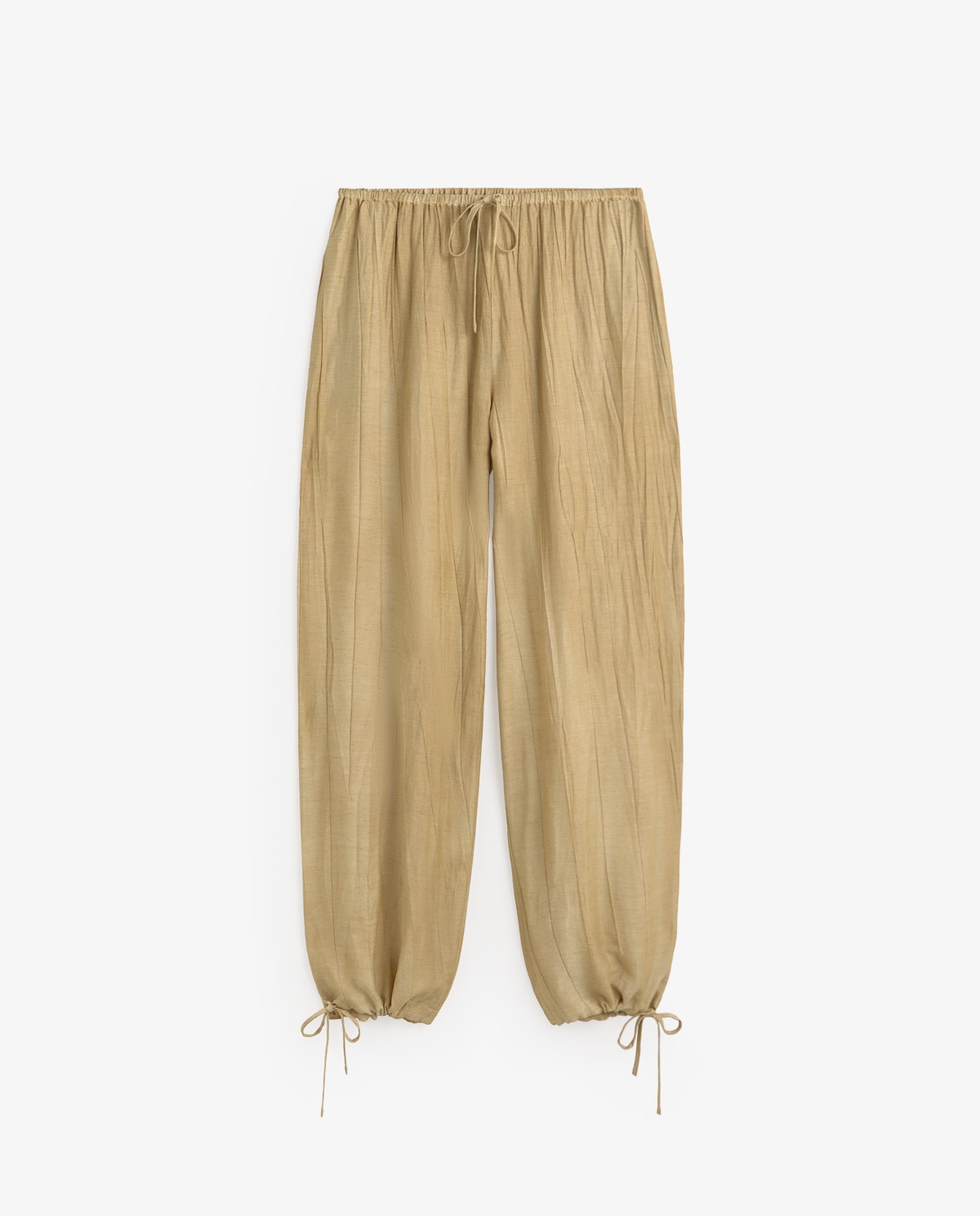 Pantalón bombacho con lino en color vainilla, vista frontal con detalle del tejido 6