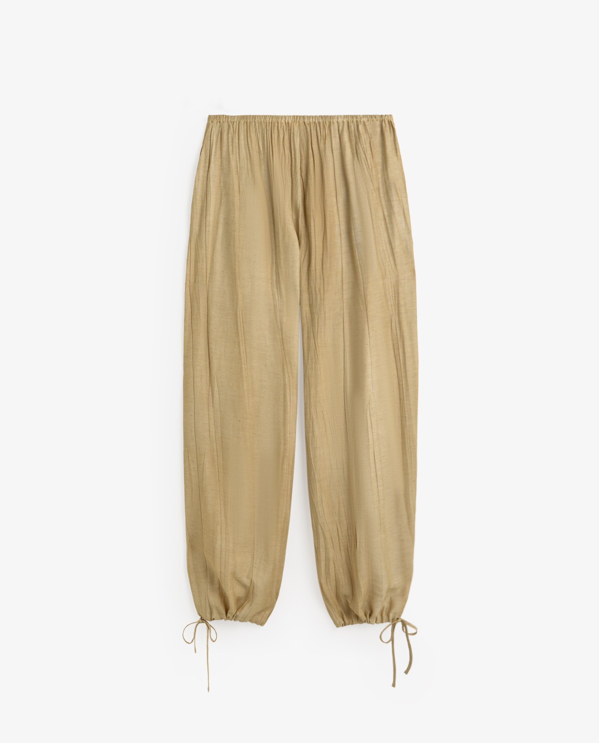 Pantalón bombacho con lino en color vainilla, vista frontal con detalle del tejido 7