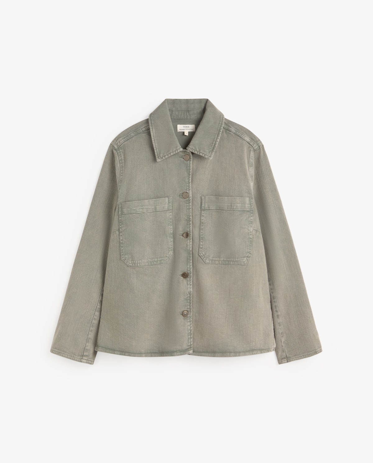 Cazadora denim algodón orgánico en color verde aguamarina, vista frontal con detalle del tejido 8