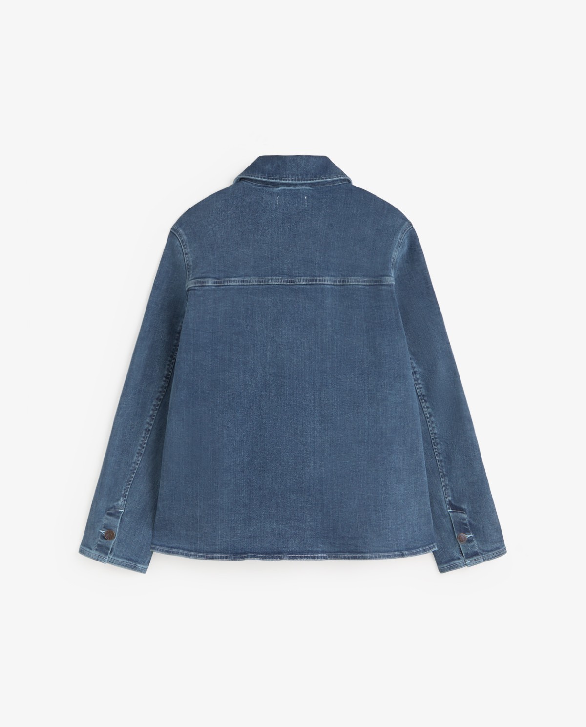 Cazadora denim algodón orgánico en color azul índigo, vista frontal con detalle del tejido 10