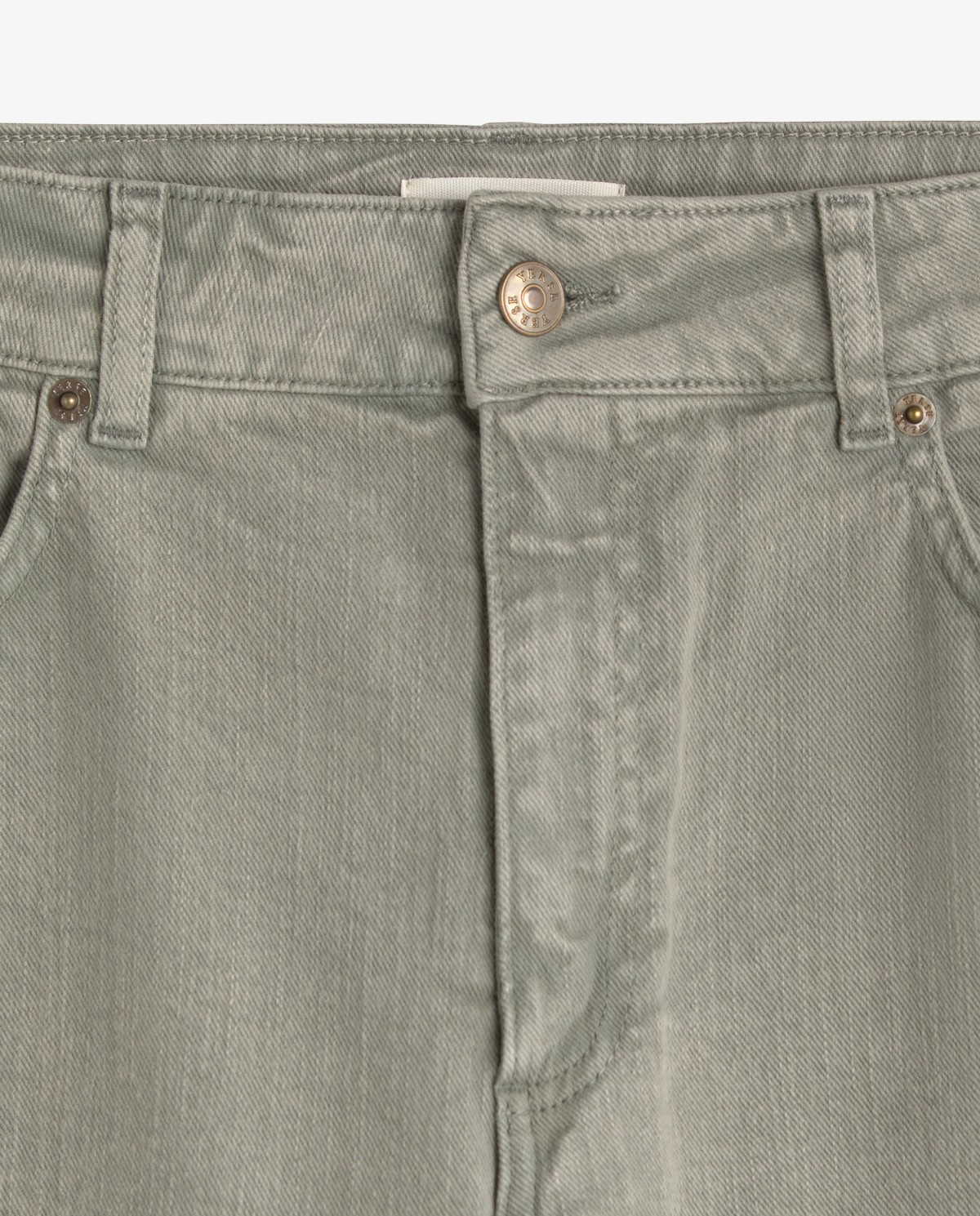 Jeans rectos algodón orgánico en color verde aguamarina, vista frontal con detalle del tejido 7