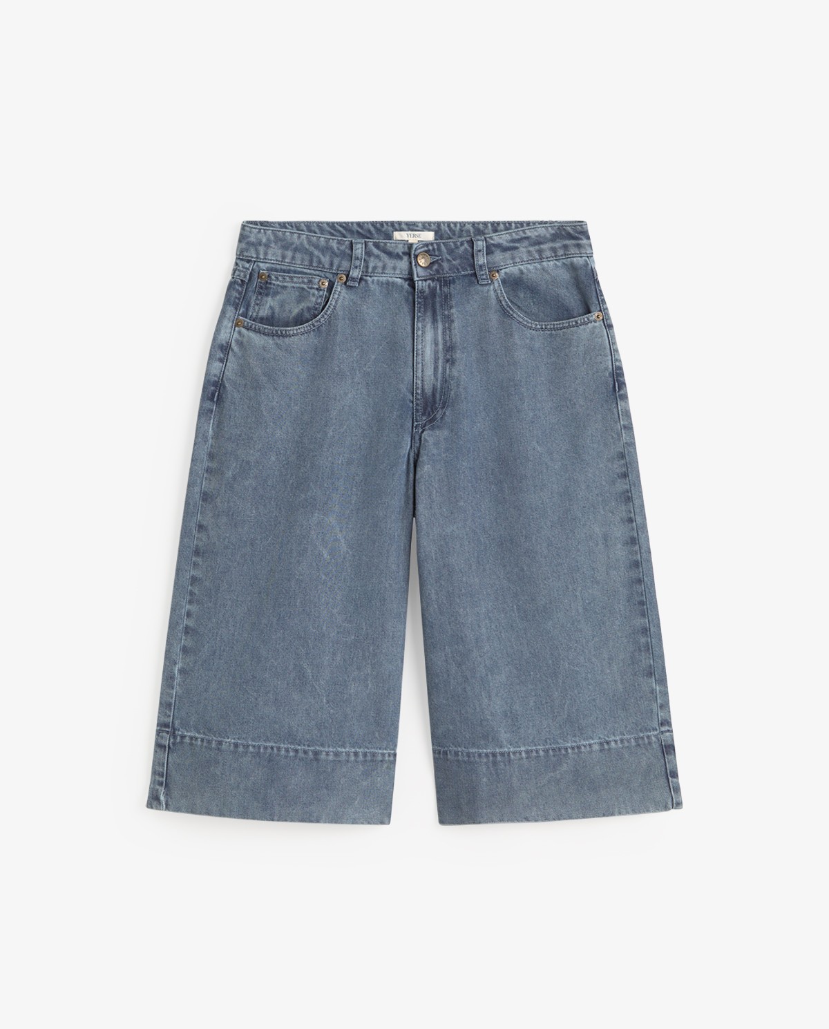 Bermudas denim con algodón orgánico en color azul índigo, vista frontal con detalle del tejido 7