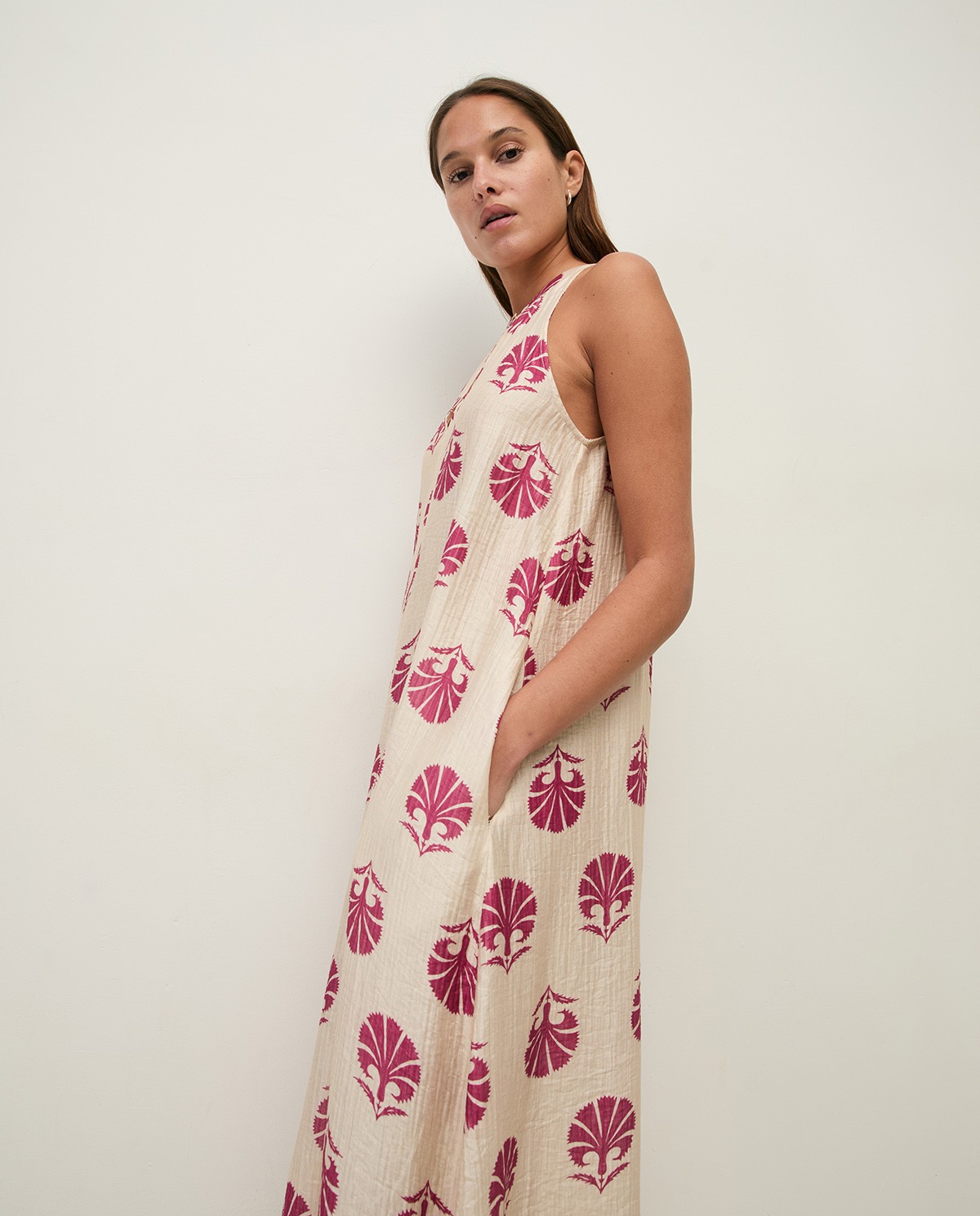 Long print dress with shirring|Yerse