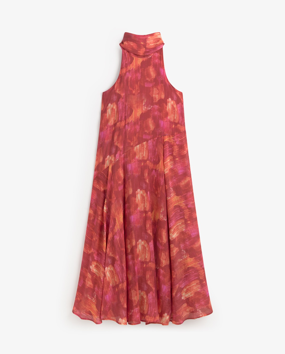 Vestido largo cuello halter lazo en color frambuesa, vista frontal con detalle del tejido 6