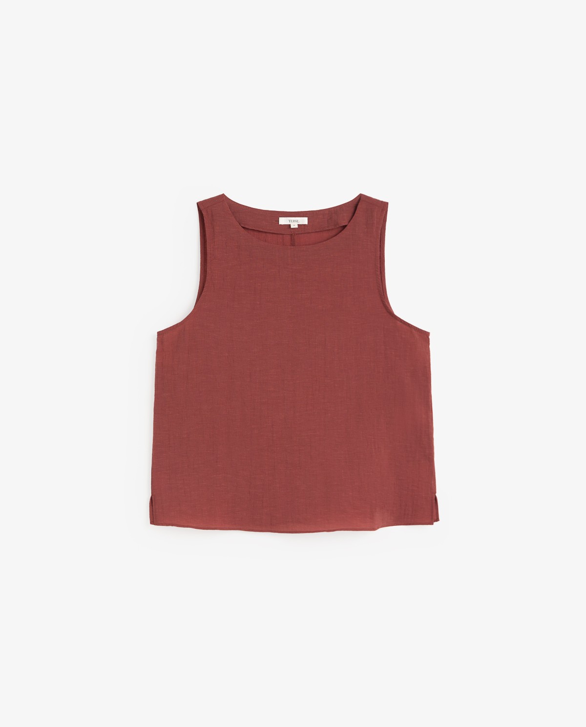 Top sin mangas escote redondo en color terracota, vista frontal con detalle del tejido 9