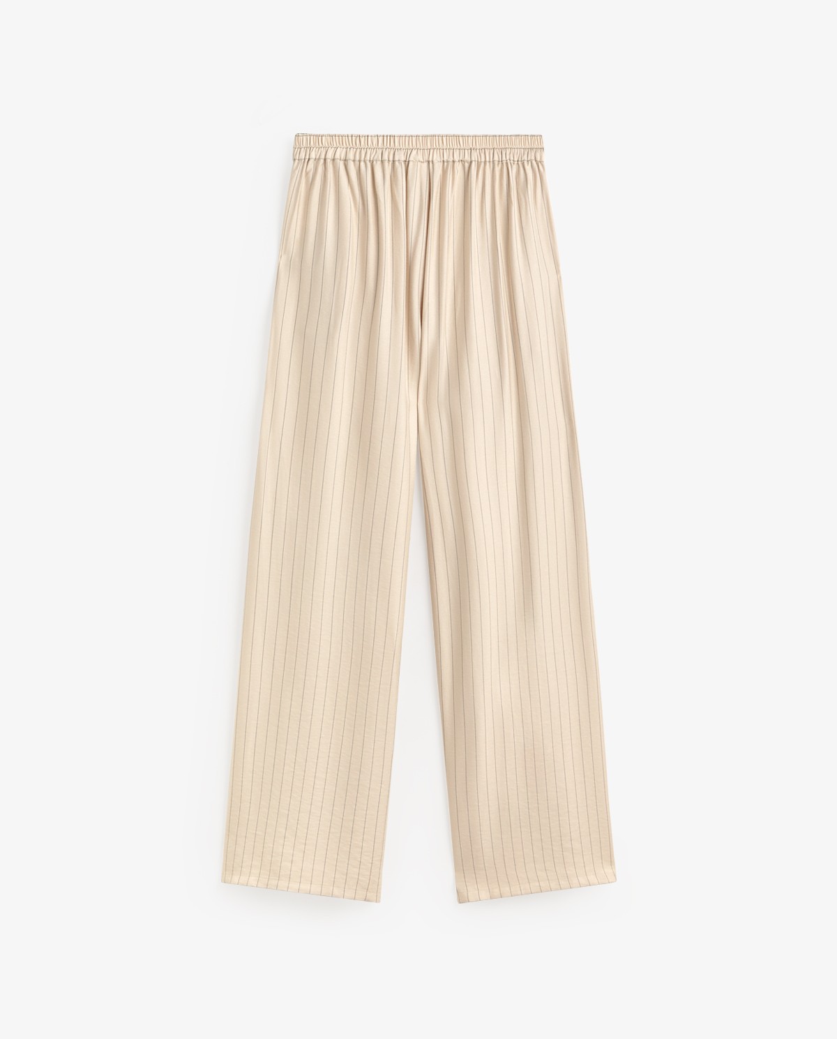 Pantalón wide leg raya diplomática en color crudo, vista frontal con detalle del tejido 9