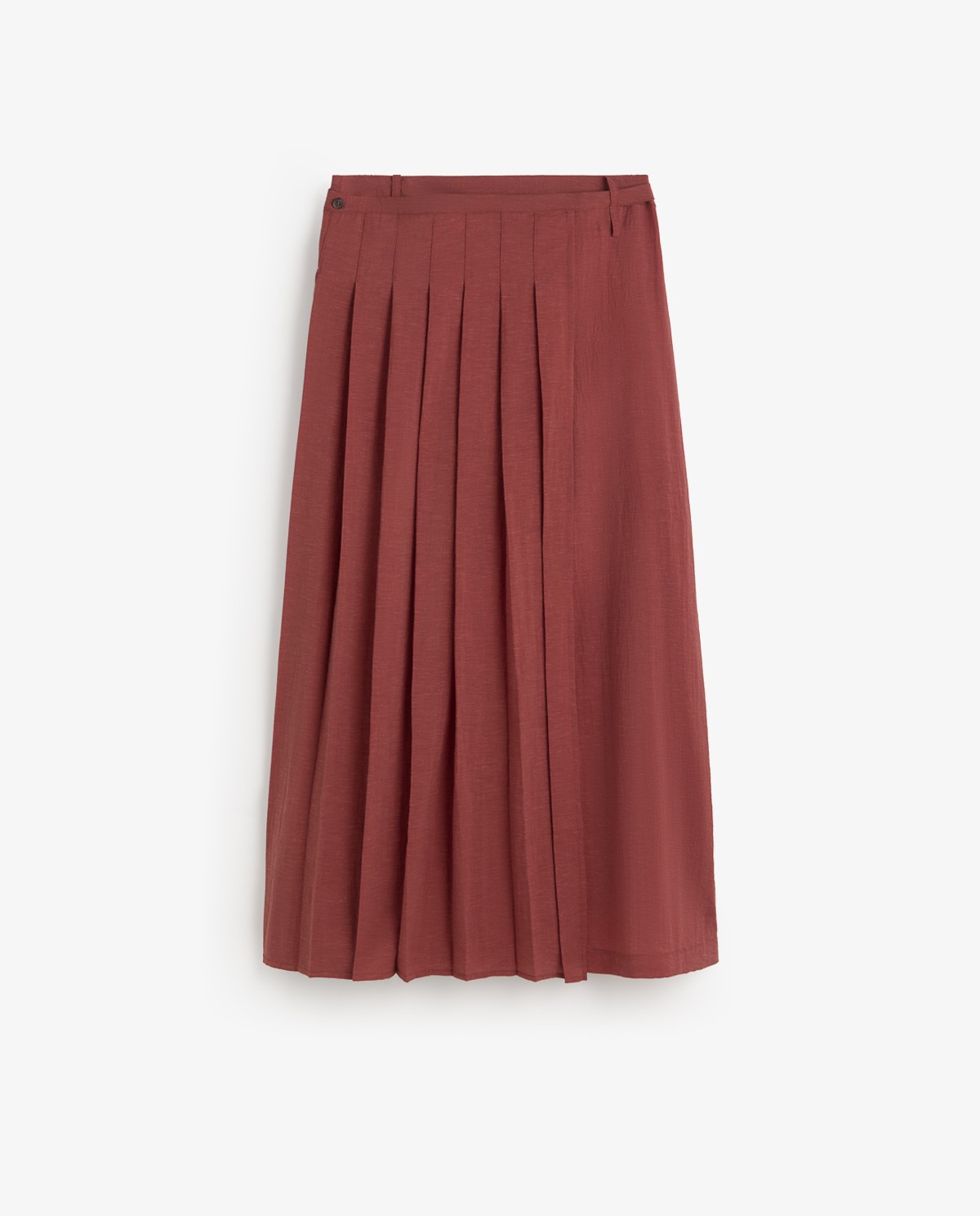 Falda larga doble capa extraíble en color terracota, vista frontal con detalle del tejido 11