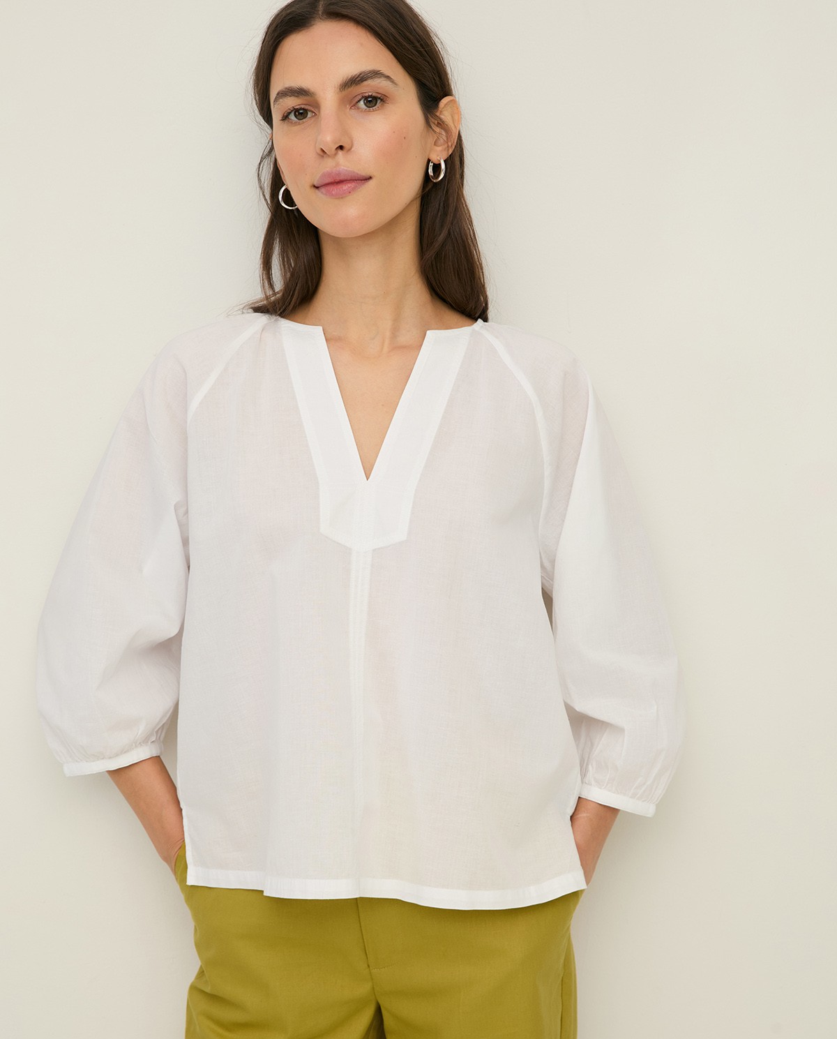 Organic-cotton Henley neckline blouse|Yerse 1