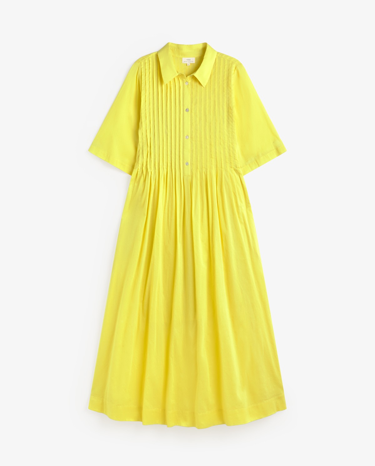 Vestido camisero 100% algodón orgánico en color lima, vista frontal con detalle del tejido 6