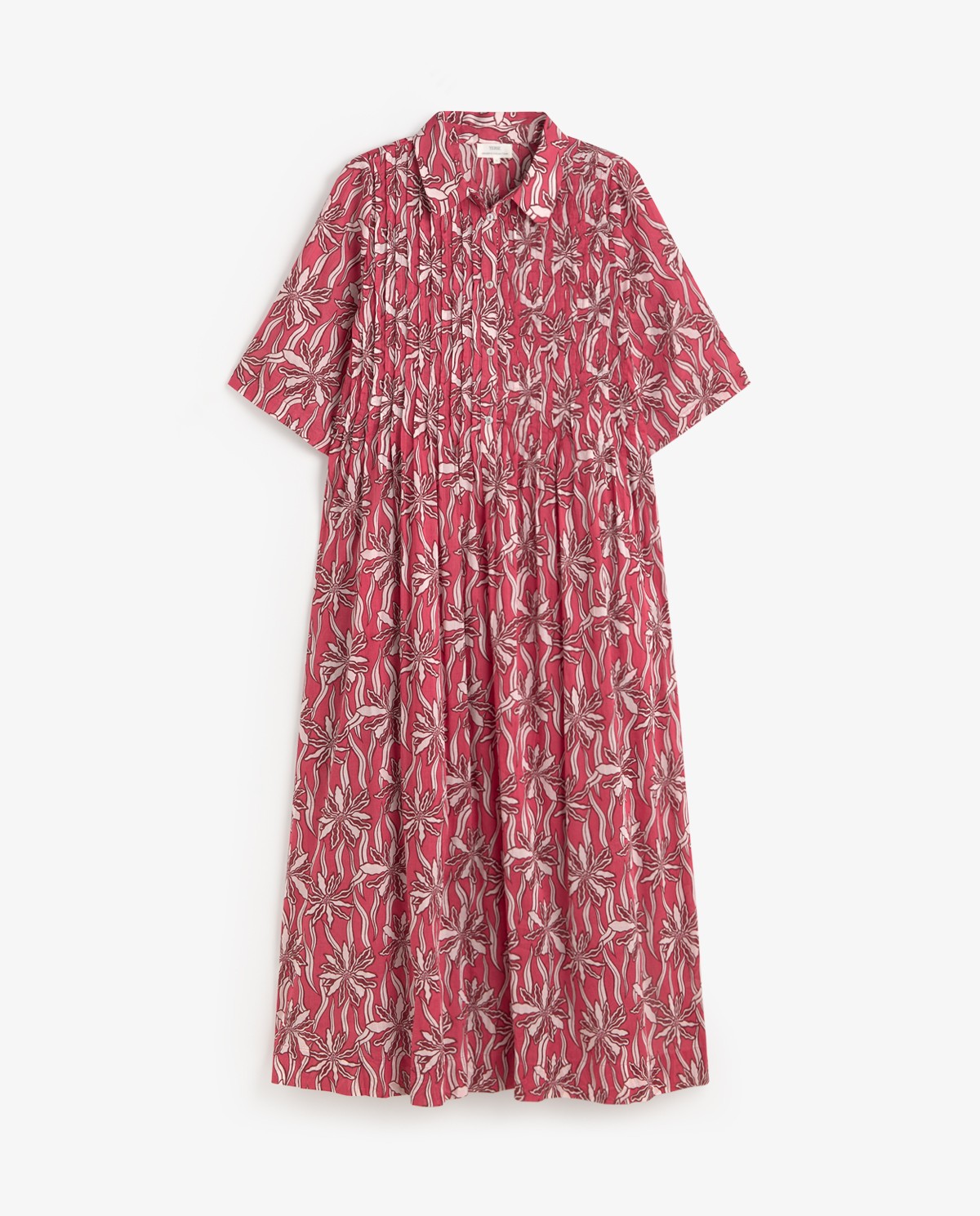 Vestido camisero 100% algodón orgánico en color frambuesa, vista frontal con detalle del tejido 7