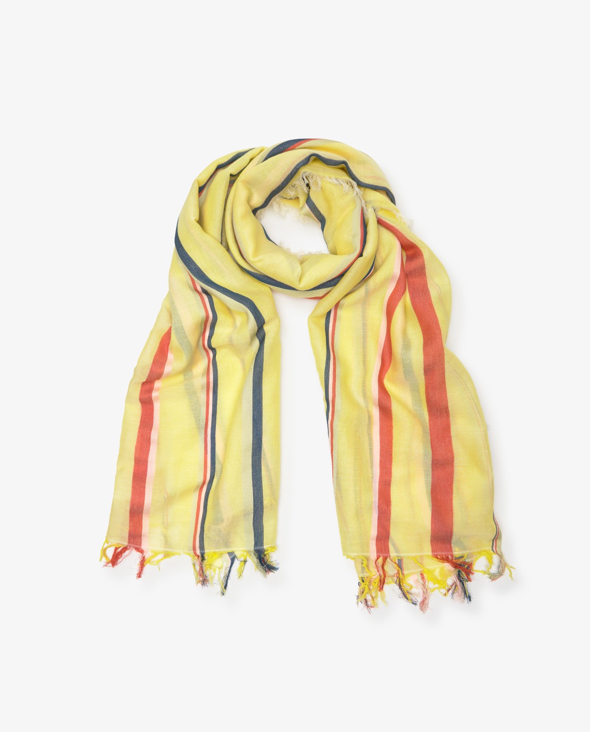 Fular algodón y modal rayas en color amarillo, vista frontal con detalle del tejido 1