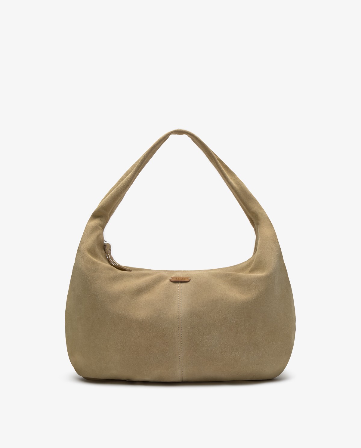 Bolso hobo de ante en color camel, vista frontal con detalle del tejido 1