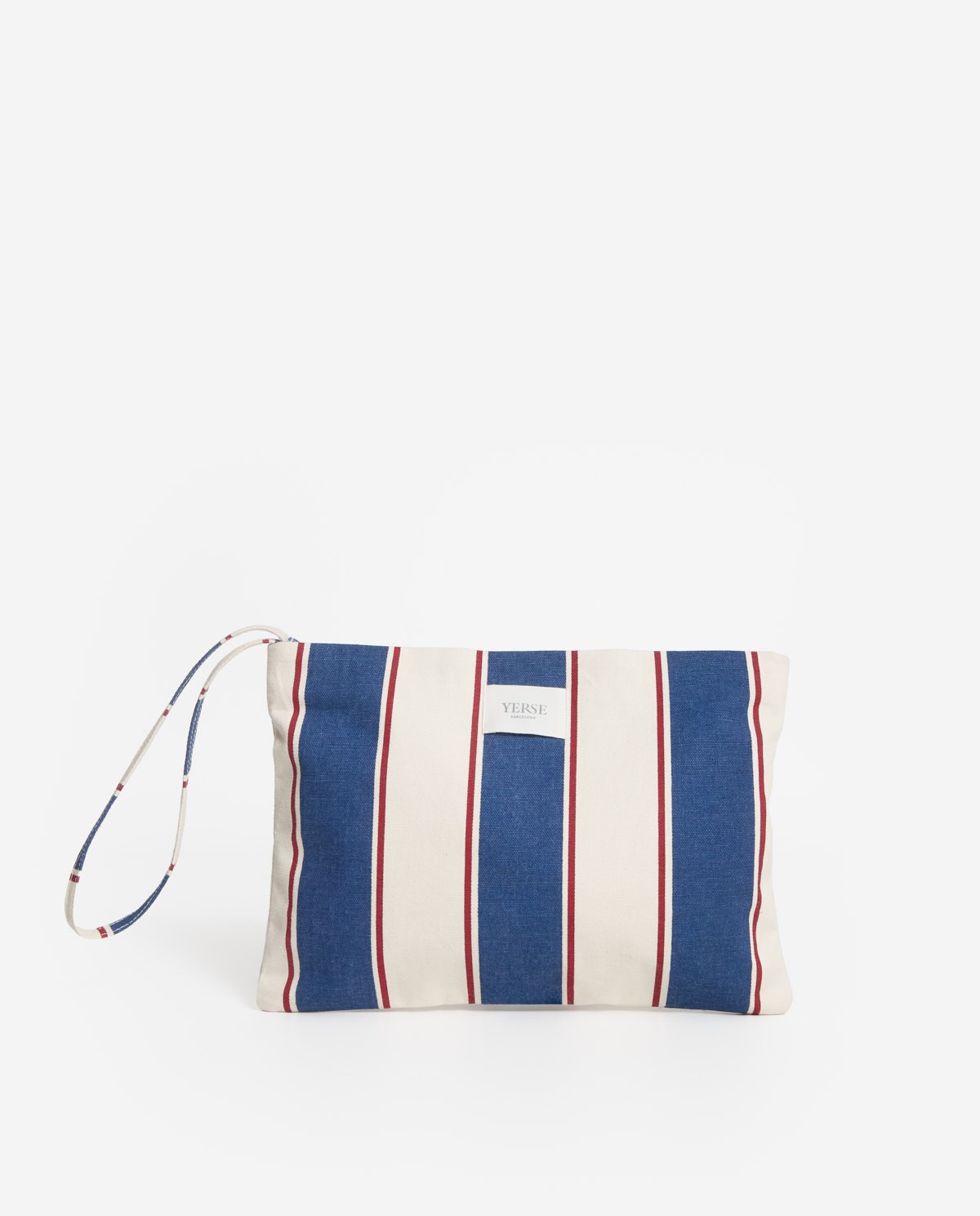 Clutch de rayas cierre Cremallera en color azul marino, vista frontal con detalle del tejido 2