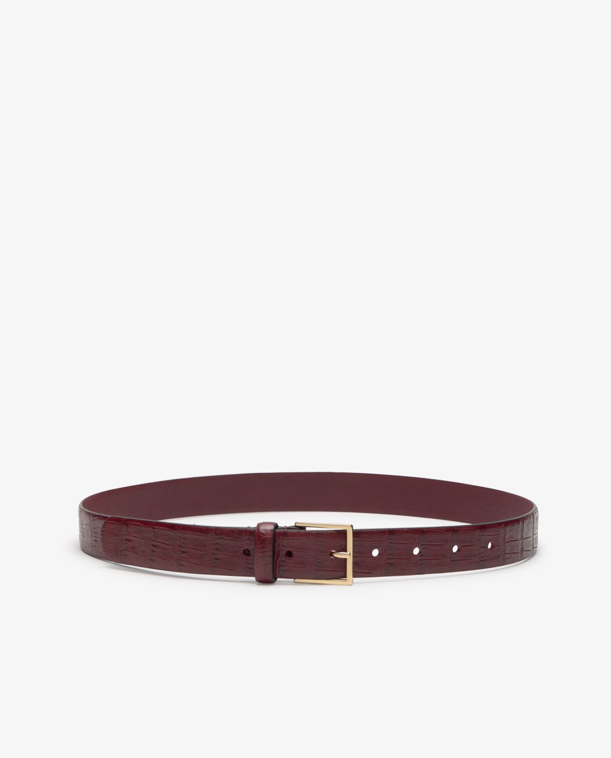 Cinturón de piel hebilla cuadrada en color vino, vista frontal con detalle del tejido 3