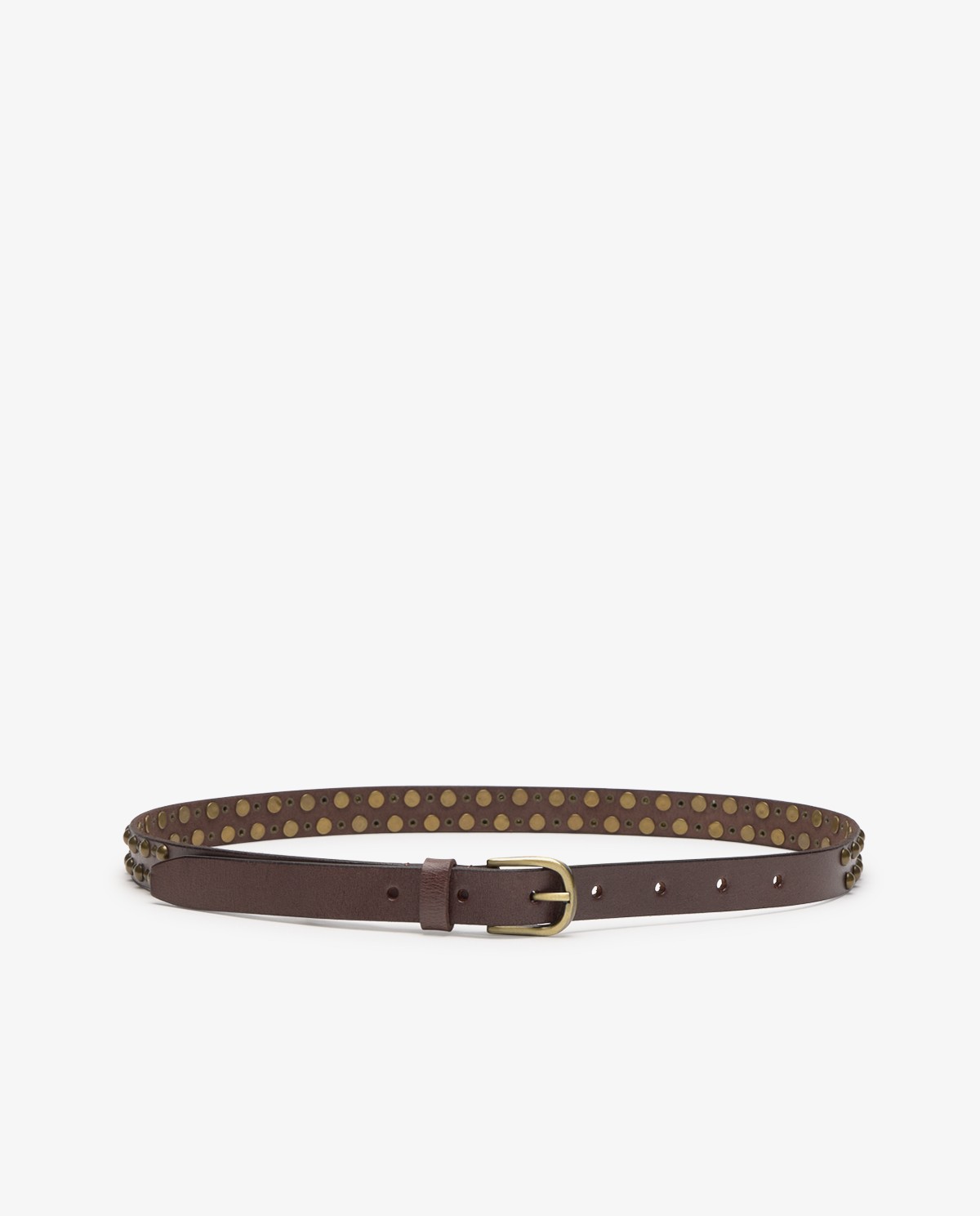 Cinturón de piel con tachuelas en color chocolate, vista frontal con detalle del tejido 5