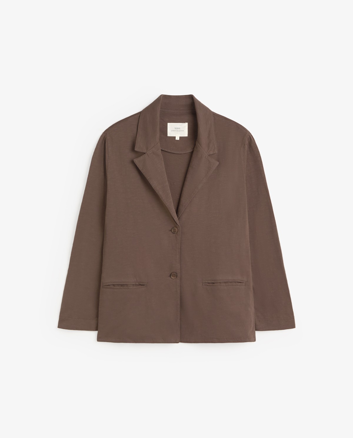 Blazer algodón flamé aberturas en color marrón, vista frontal con detalle del tejido 5