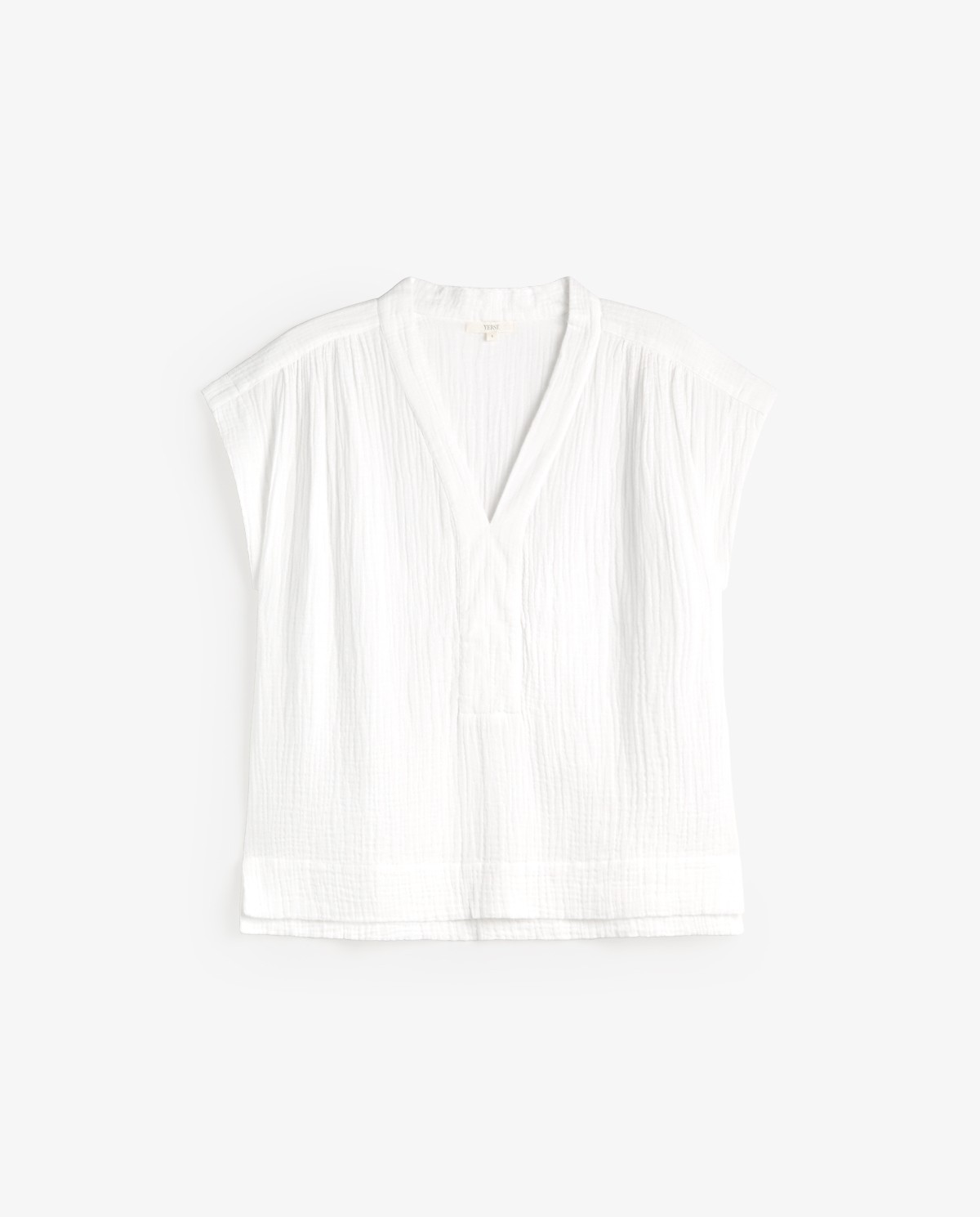 Blusa blanca de muselina de algodón con manga corta y escote de pico 5