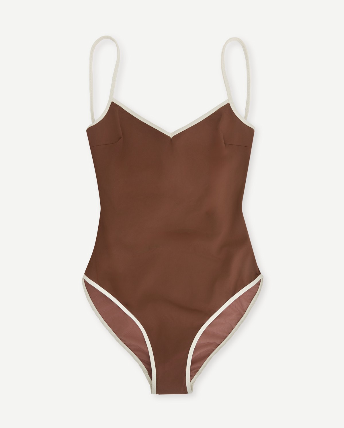 Bañador bicolor blanco y marrón con aros y escote pico 7