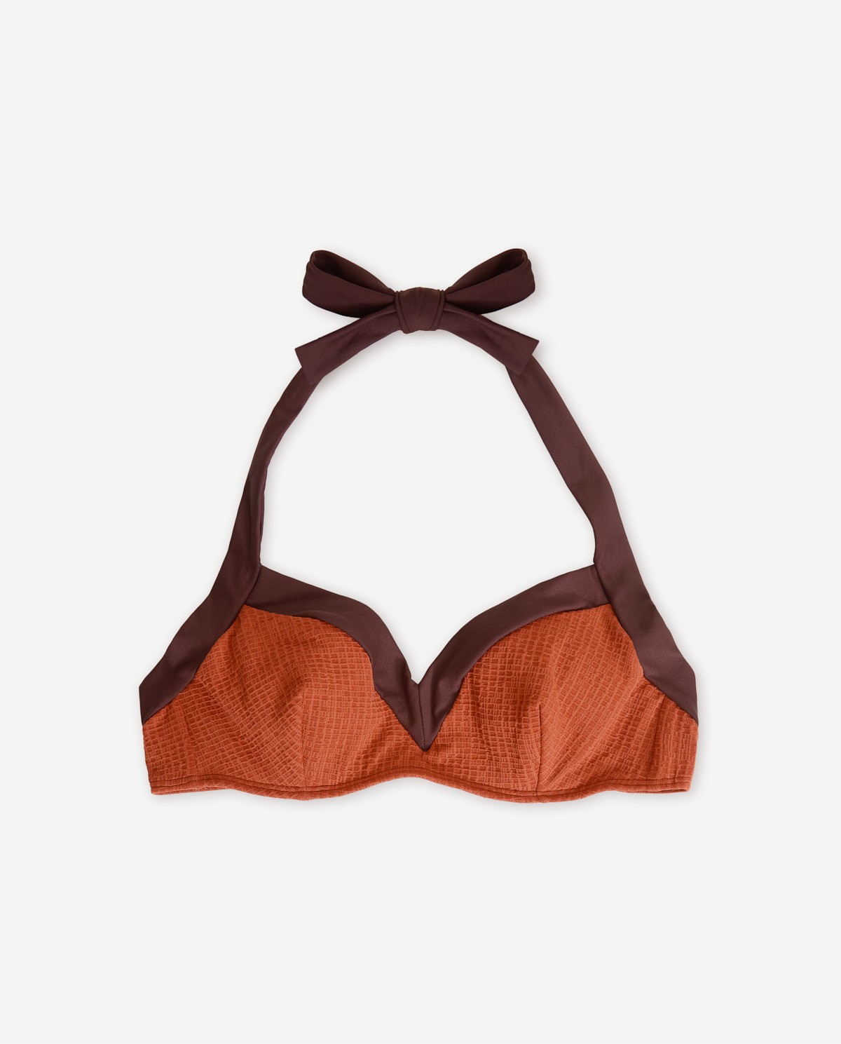 Top bikini bicolor cuello halter con aros en color marron choclate