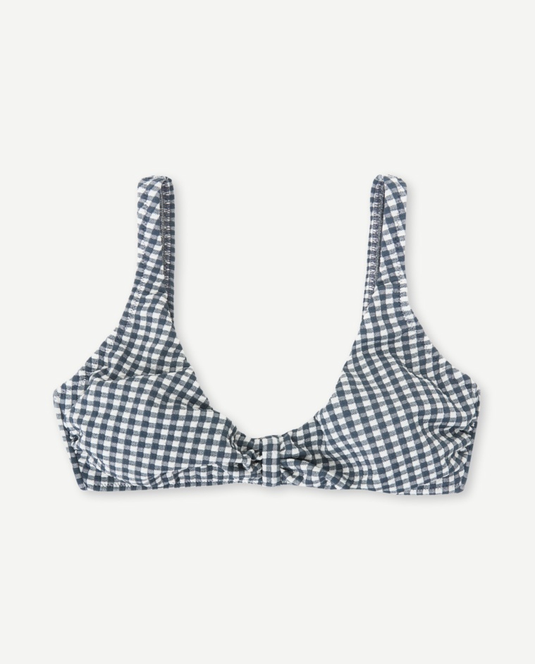 Top de bikini con aros y tirantes estampado cuadros Vichy azul