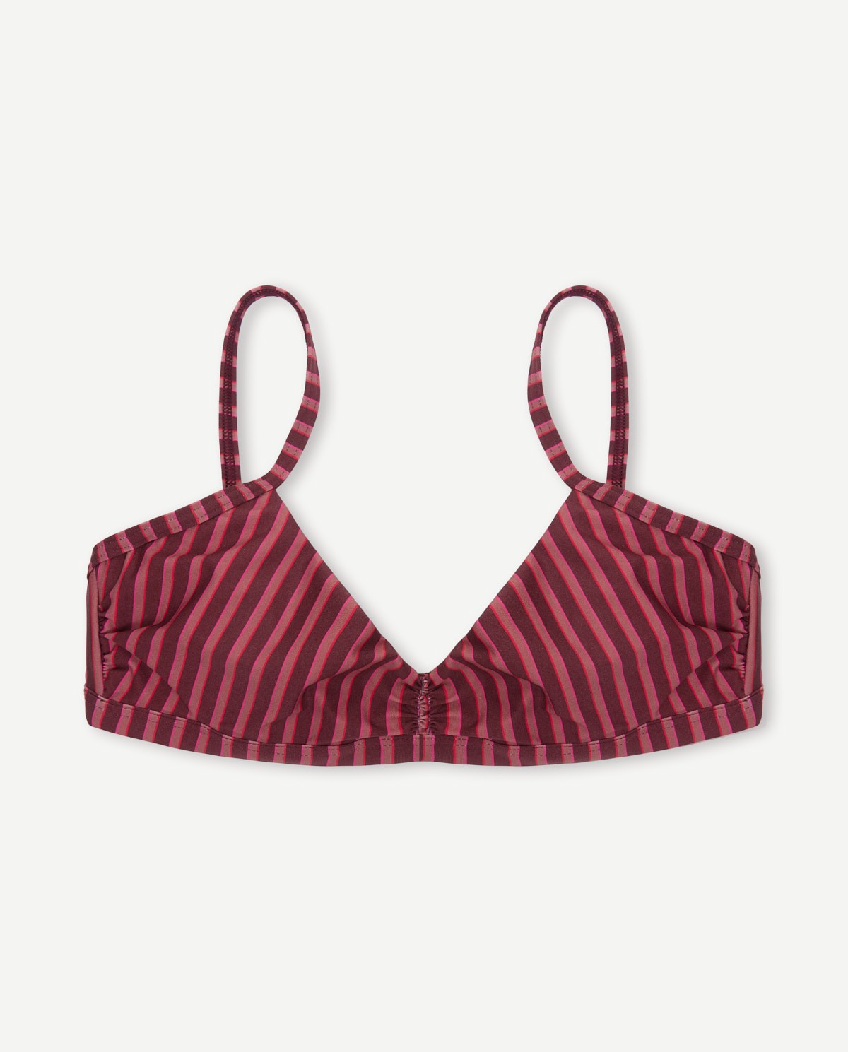 Top bikini con aro y sin relleno. Estampado de rayas en tonos granate y rosados.