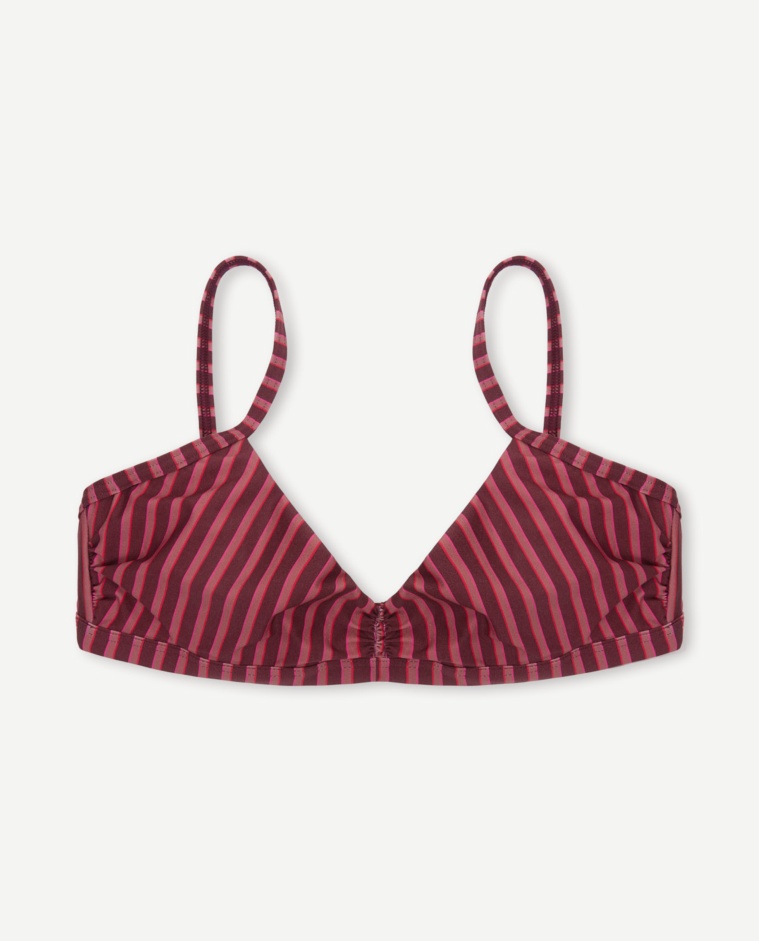 Top bikini con aro y sin relleno. Estampado de rayas en tonos granate y rosados.