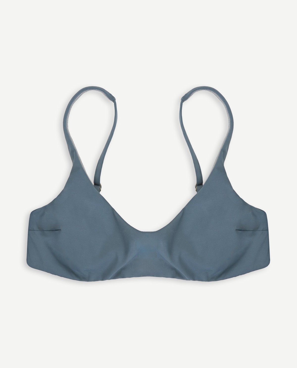 Top de bikini liso azul grisáceo con aros y tirantes finos