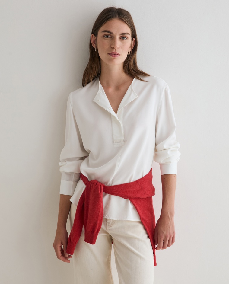 Camisa fluida bimateria en color blanco roto
