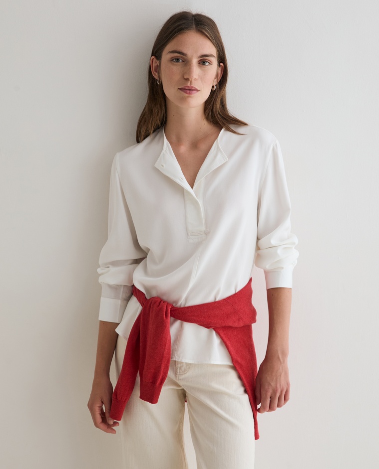 Camisa fluida bimateria en color blanco roto