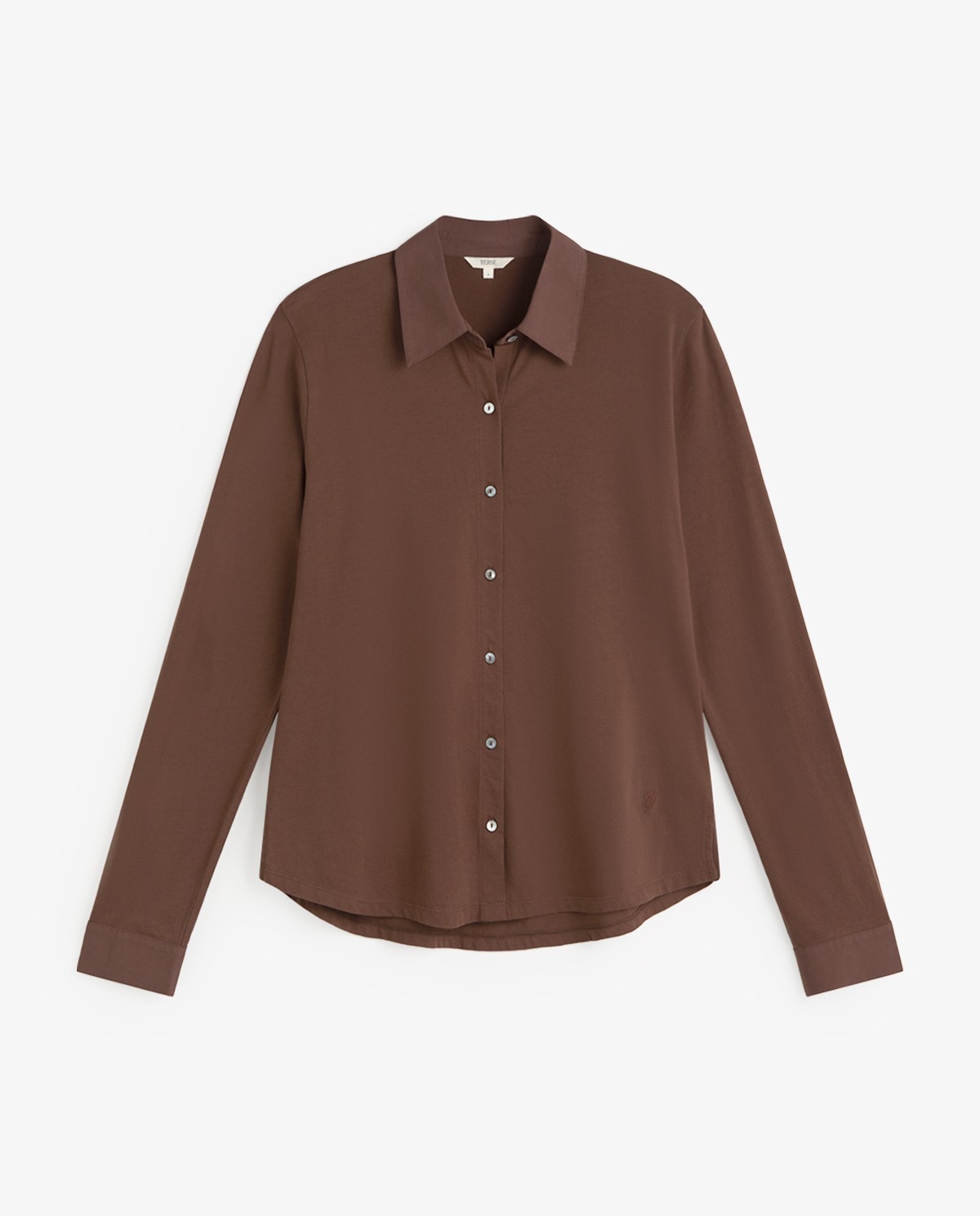 Camisa bimateria popelín en color marrón, vista frontal con detalle del tejido 6